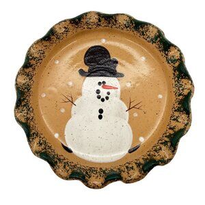 Three Rivers Pottery Snowman Side Plate Ruffled Green Spongeware Ohio USA Vtg